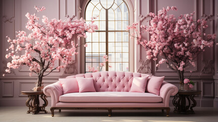 Wall Mural - pink color living room with pink and white flowers