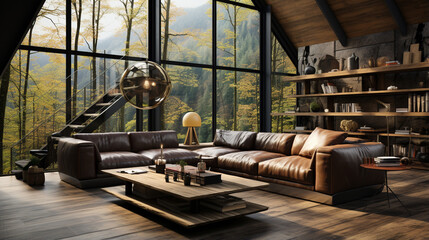 Poster - modern interior with fireplace and wooden table.