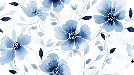   a blue and white floral pattern on a white background with blue flowers.  generative ai