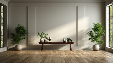 Canvas Print - empty wooden floor and plant in modern interior design with copy space.