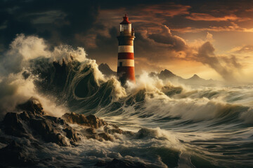 Wall Mural - a solitary lighthouse standing tall amidst crashing waves. concept of guidance and resilience. gener