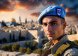 Defender of the homeland: israeli soldier in the city. Portrait of a young israeli soldier with city in the background