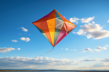 Poster - an imaginative kite flyer sending colorful kites soaring high in the clear blue sky. concept of recr