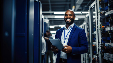 african server engineer smiling in data center, Data Protection Engineering Network for Cyber Security. Business Concept