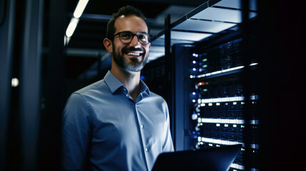 indian server engineer smiling in data center, Data Protection Engineering Network for Cyber Security. Business Concept