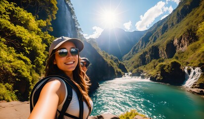 Wall Mural - Young woman in hat and sunglasses taking selfie with beautiful view of Milford Sound, New Zealand