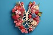 Floral lungs with blooming roses, peonies, chrysanthemum, eucalyptus. Bronchial tree on blue background. Generative AI
