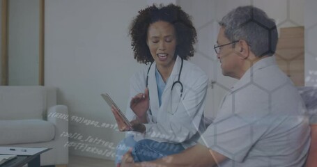 Poster - Animation of network of hexagons over biracial female doctor with male patient
