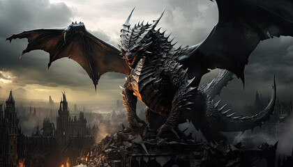 Fierceblack dragon on mountain ridge