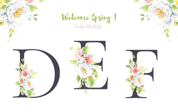 Watercolor Black,charcoal floral alphabet. Spring flowers letters monogram initials illustration. Botanical, rose peony bouquet, green, garden decor. Spring wedding stationery greeting card, rsvp