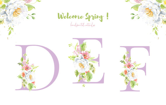 Watercolor lilac purple floral alphabet. Spring flowers letter G monogram initials illustration. Botanical, rose peony bouquet, green, garden decor. Spring wedding stationery greeting card, rsvp	
