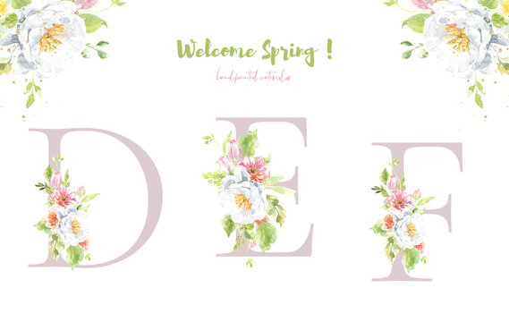 Watercolor blush dusty rose floral alphabet. Spring flowers letter G monogram initials illustration. Botanical, rose peony bouquet, green, garden decor. Spring wedding stationery greeting card, rsvp	
