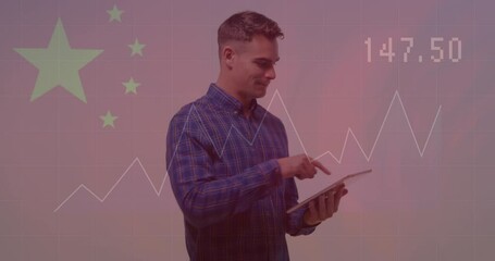 Sticker - Animation of financial data processing and flag of china over caucasian man using tablet