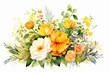 Colorful watercolor floral arrangement with yellow roses, peonies, marigolds, camomille, lush foliage, and white roses on a white background. Generative AI