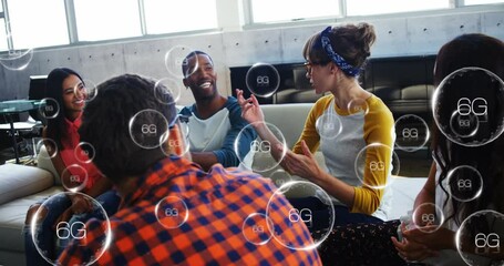 Poster - Animation of 6g text over diverse business people in office
