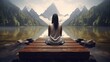 Women sitting wooden yoga back view at nature lake mountain background. AI generated