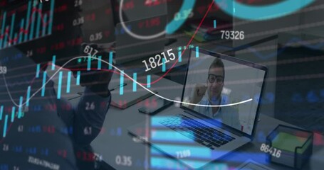 Poster - Animation of financial data processing over biracial businessman on laptop video call in office
