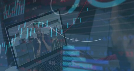 Poster - Animation of financial data processing over biracial businessman on laptop video call in office