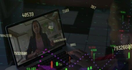 Poster - Animation of financial data processing over biracial businessman on laptop video call in office