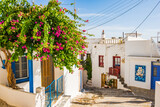 Fototapeta Uliczki - Typical narrow street with Greek architecture and houses decorated with flowers in Plaka village, Milos island, Cyclades, Greece