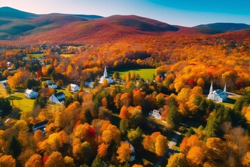 Sticker - Aerial view of picturesque Stowe in Vermont with colorful autumn foliage surrounded by mountains. Generative AI