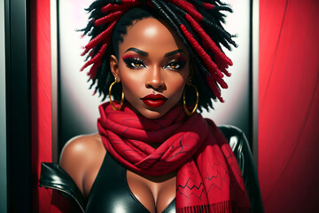 Wall Mural - beautiful black woman with a red scarf and a black scarf.