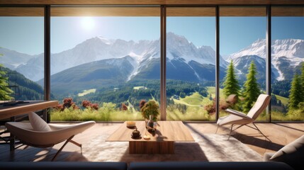 Wall Mural - View from modern apartment to breathtaking mountain landscape with vegetation