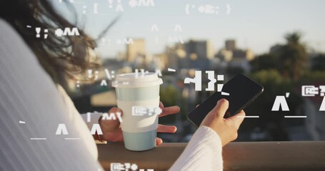 Poster - Animation of data processing over caucasian woman using smartphone