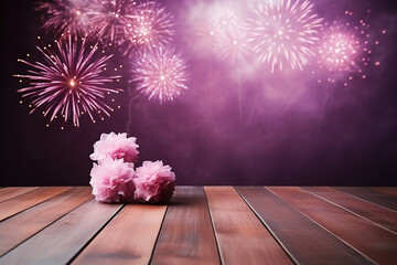 Wall Mural - New year, fire work, white and pink and purple color background, copy space, empty space. AI generative