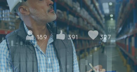 Poster - Animation of social media icons and data over caucasian man working in warehosue