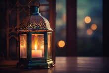 Ramadan Kareem - Decorative Lantern With Glowing Candle At Evening. Generative AI