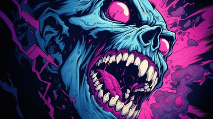 Wall Mural - an blue and purple drawing of a skull demon showing its teeth. Fantasy concept , Illustration painting.