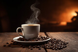 Fototapeta  - coffee cup with steam surrounded by coffee beans. High quality photo