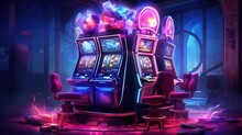 A Slot Machine In A Dark Room With Glowing Lights. Fantasy Concept , Illustration Painting.