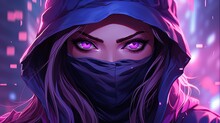 A Ninja Girl With Purple Eyes With Blue Hood In Front Of Purple Lights In Night City. Fantasy Concept , Illustration Painting.