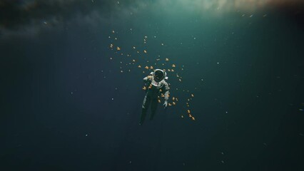 Wall Mural - Astronaut floating in space and playing with butterflies in a 3D animation