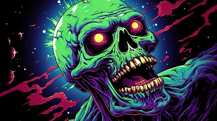 Wall Mural - a green monster, neon skull of zombie with big green glowing eyes, standing in space. Fantasy concept , Illustration painting.