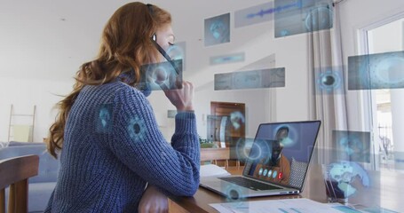 Poster - Animation of data processing over caucasian businesswoman on laptop video call