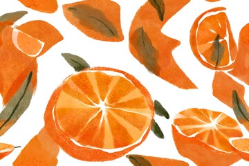 Wall Mural - Watercolour oranges on white background, Wallpaper watercolour oranges