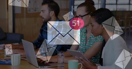 Poster - Animation of email envelopes data processing over diverse business people in office