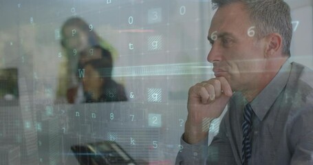 Poster - Animation of cyber attack warning text and data processing over caucasian businessman