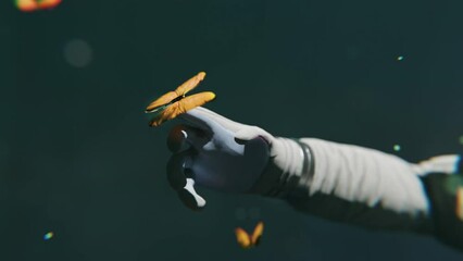 Wall Mural - An astronaut floating in space and playing with butterflies in a 3D animation