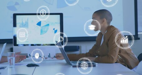 Poster - Animation of digital icons against diverse man and woman discussing over a document at office