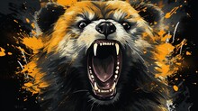 A Black And Orange Bear With Its Mouth Open. Fantasy Concept , Illustration Painting.