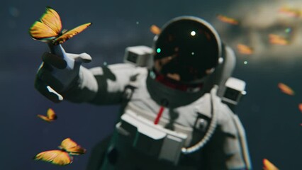 Wall Mural - An astronaut floating in space and playing with butterflies