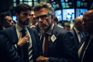 Poster - A captivating visualization of stock market traders in a bustling financial district, with a focus on their expressions and interactions