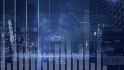 Poster - Animation of statistical data processing and blue light trails against view of cityscape