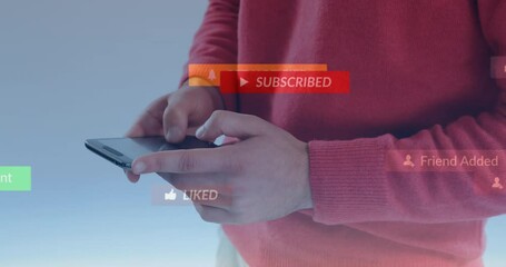 Poster - Animation of social media icons floating against mid section of man using smartphone