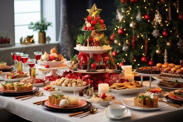  The holiday meal arranged on the dining table with the Christmas tree forming a picturesque setting behind