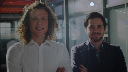 Poster - Animation of network of connections, light spot over portrait of two diverse men smiling at office